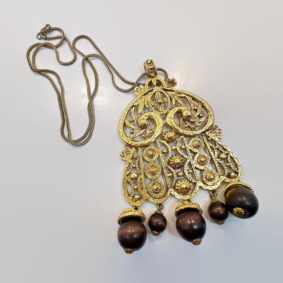 Vintage KJL Necklace: Etruscan Kenneth Jay Lane Pendant Statement Gold 70s - Picture 3 of 5